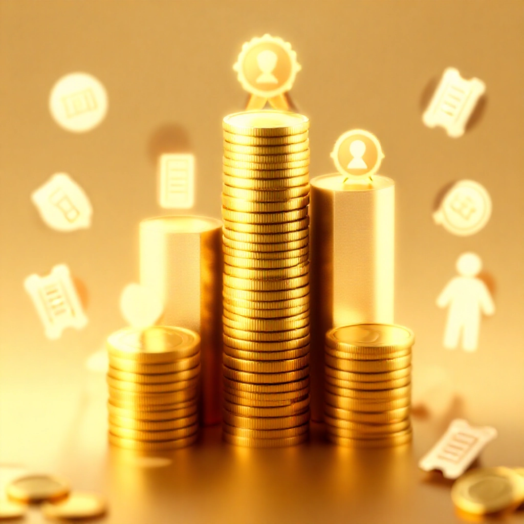 金色燈光環繞、各獎項金幣堆疊的資訊圖表，搭配彩券圖示與得獎徽章
