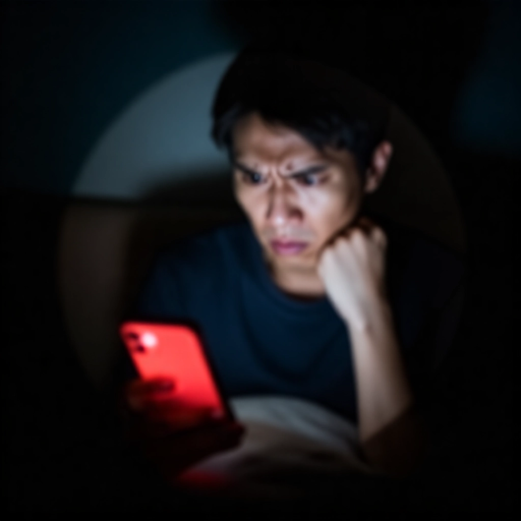 沮喪台灣成人握著智慧型手機紅色螢幕顯示凍結餘額，黑暗臥室焦慮表情皺眉緊握拳頭