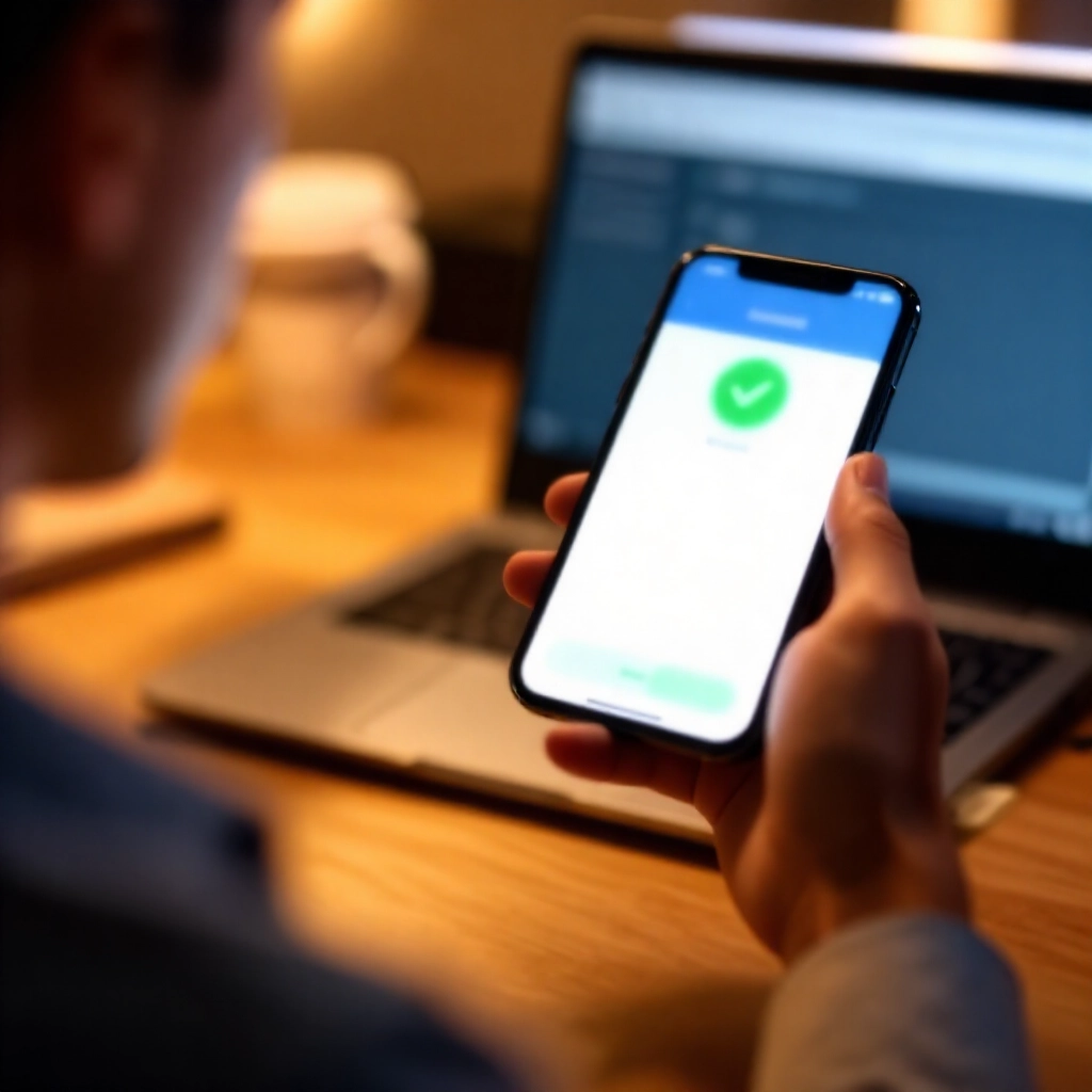 專業交易員檢查手機銀行App，快速資金轉帳綠色成功與計時器，溫暖光線展現可靠速度